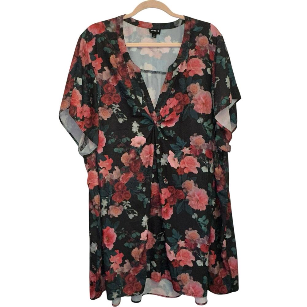 Torrid Floral Blouse Size 5 Black Pink Sheer Tunic Plus Size